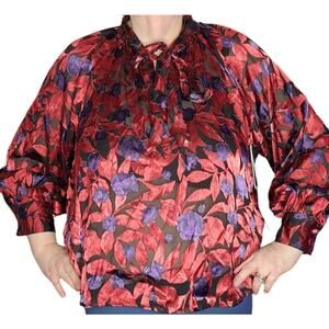 NEW Worthington XLP Red Satin Floral Burnout Bow Tie Neck Long Sleeve Blouse